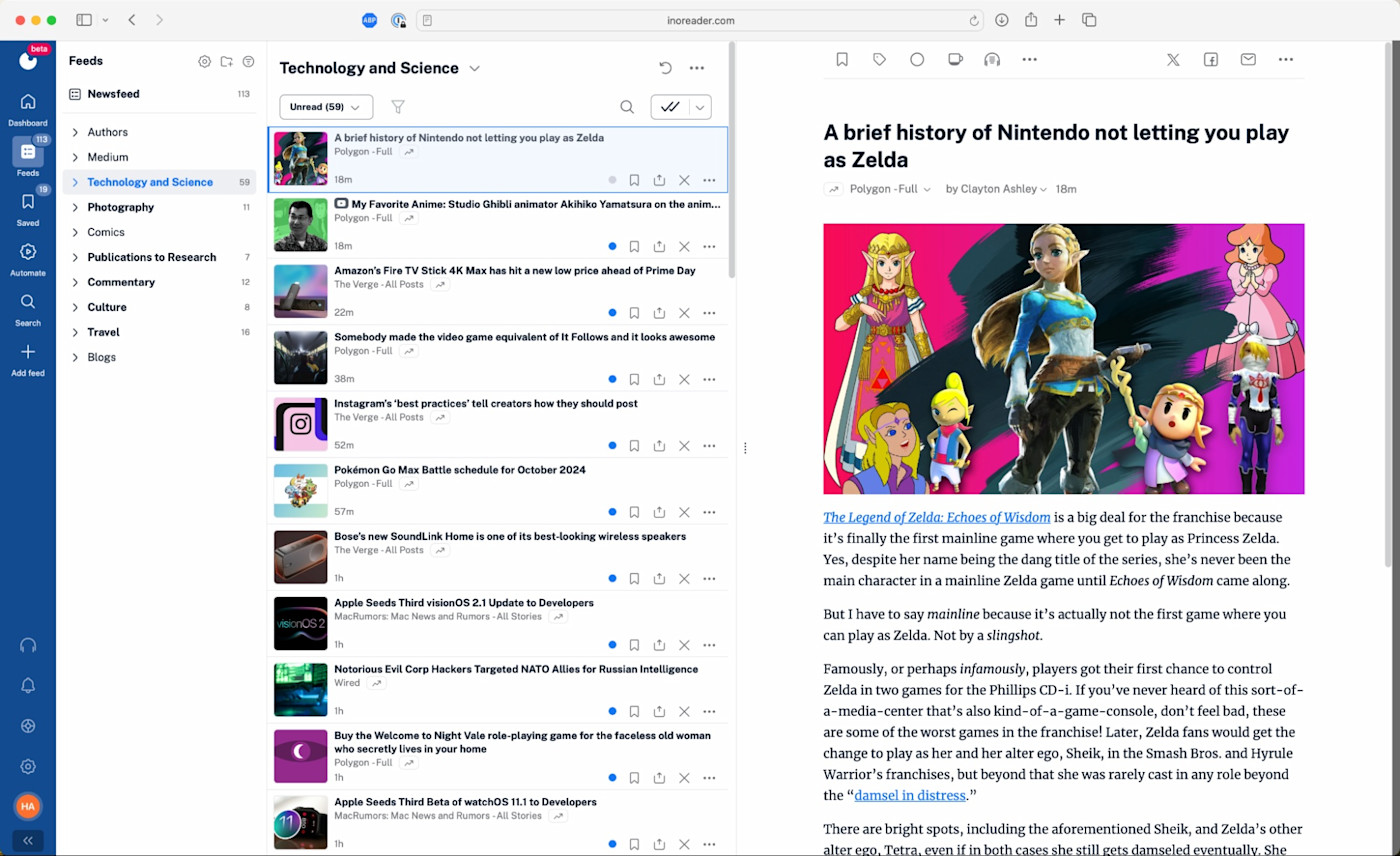 Inoreader, our pick for one of the best Pocket alternatives