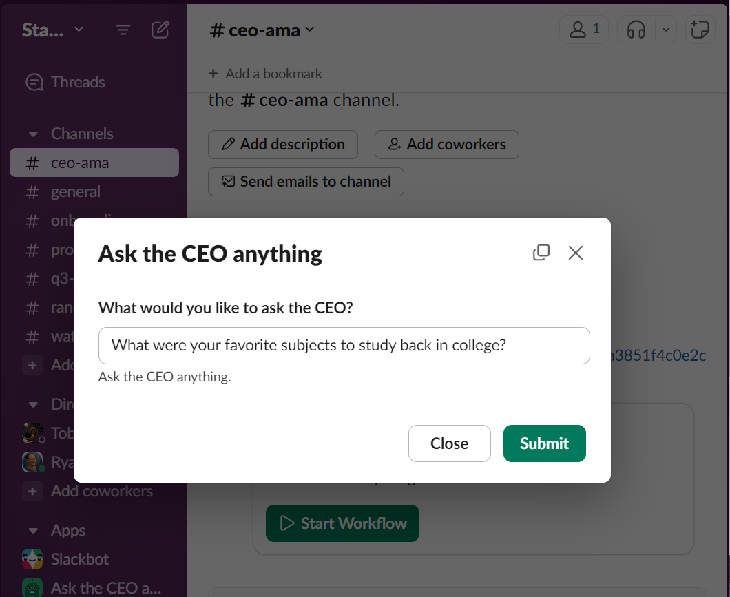 AMA submission from a workflow in Slack