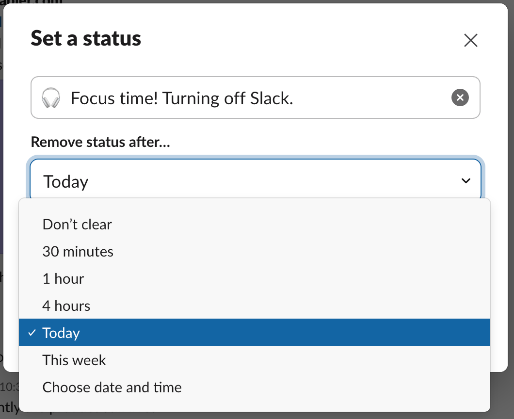 A screenshot of the Slack status window with the "Remove status after..." dropdown open.