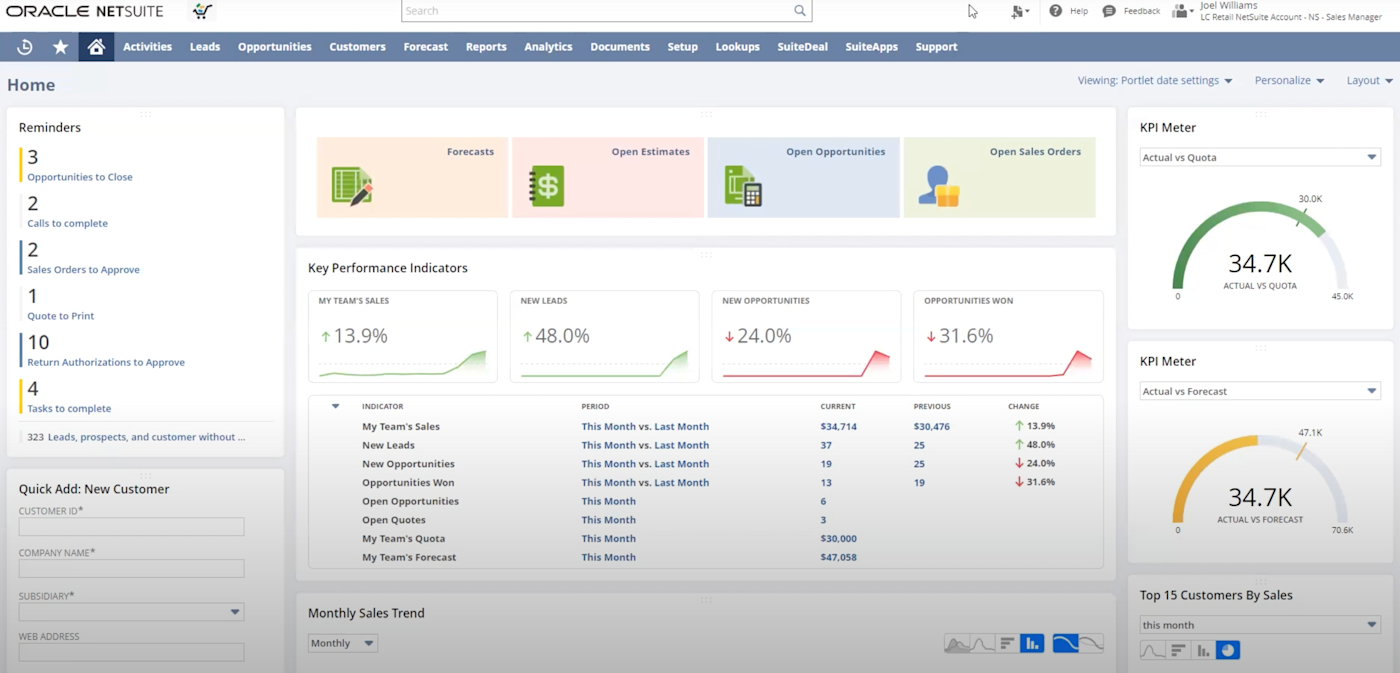 NetSuite's CRM dashboard. 
