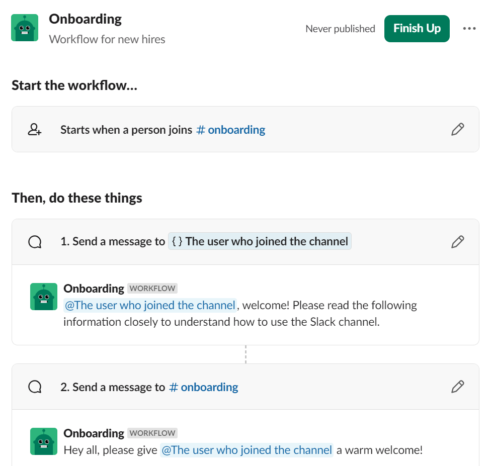 A welcome message in a Slack channel from a workflow
