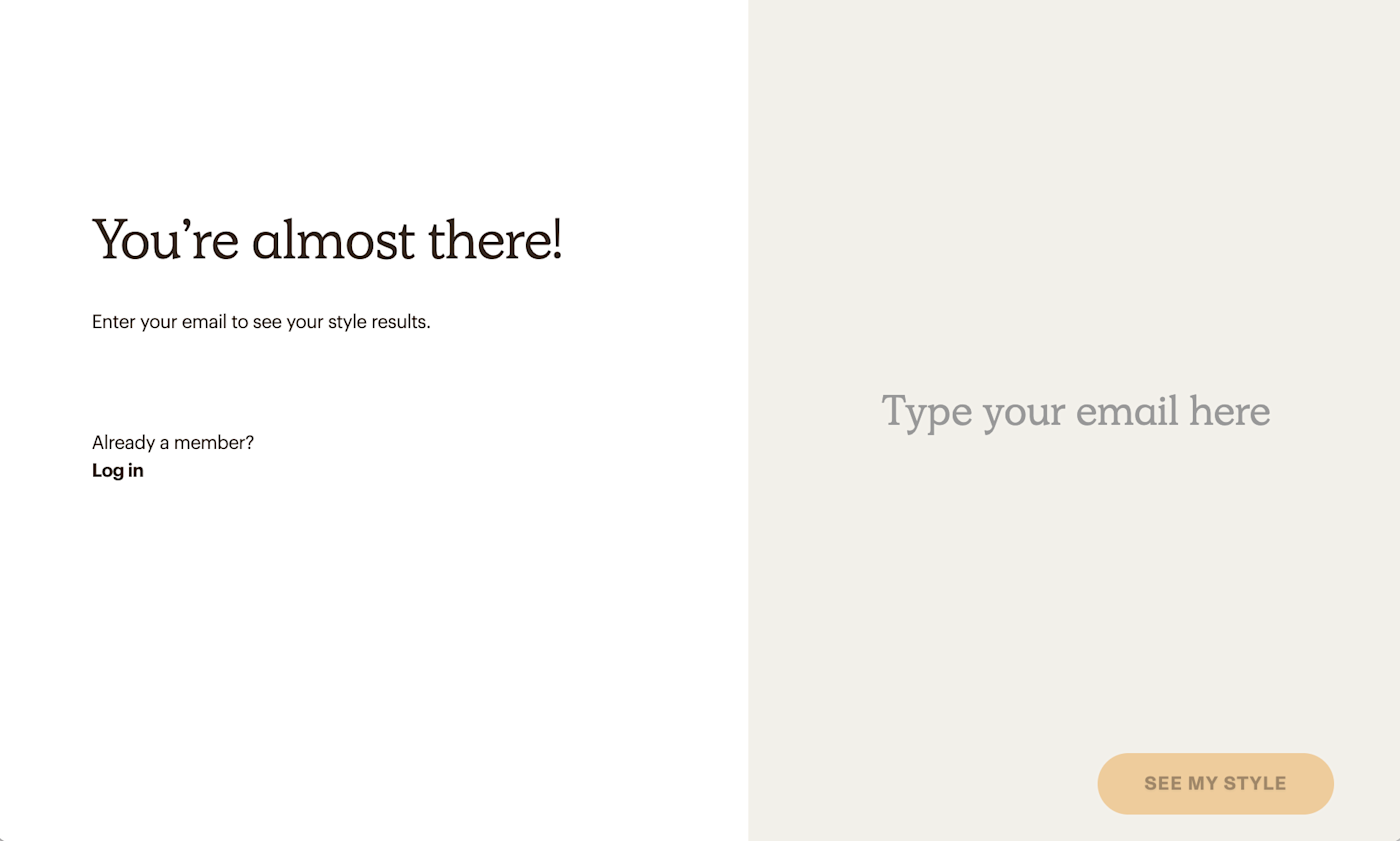 Havenly webform prompting users to enter their email to view style results.