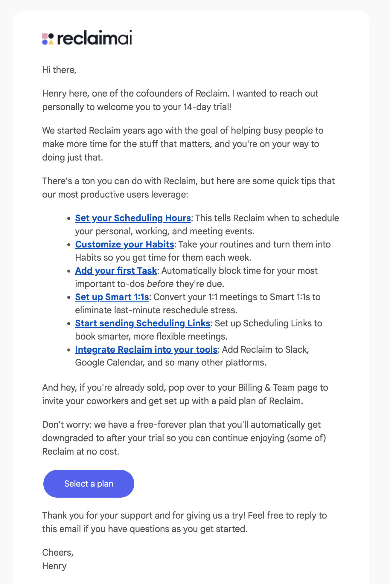 B2C welcome email marketing example from the AI scheduling app Reclaim.ai.