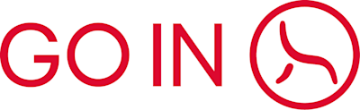 "GO IN" Text in Rot, mit einem Symbol eines abstrakten Stuhls in einem roten Kreis.