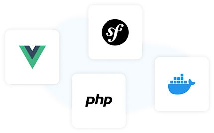 Vier Technologie-Logos: Vue.js (grünes und blaues V), Symfony (schwarzes S in einem Kreis), PHP (schwarzer Text „php“) und Docker (blaues Wal-Symbol mit Containerblöcken auf dem Rücken)