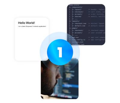 Image montage shows a developer, code on a screen and a 'Hello World! message. A large, central symbol with the number 1 overlays the elements.