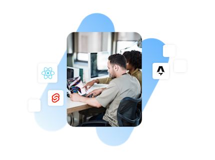 A team of developers working on computers. Logos of React, Svelte and Astro are arranged around the central image, symbolizing different web development frameworks.