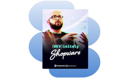 Thumbnail für eine Episode namens 'DEVinitely Shopware', zeigt einen Mann mit Bart und Brille, der gestikuliert, vor einem Hintergrund mit leuchtenden Effekten. Unten ist das Shopware-Logo mit dem Schriftzug 'TV Originals' zu sehen.