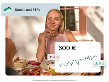 Woman having brunch outdoors, with a chart showing the fluctuation of an investment in the foreground.