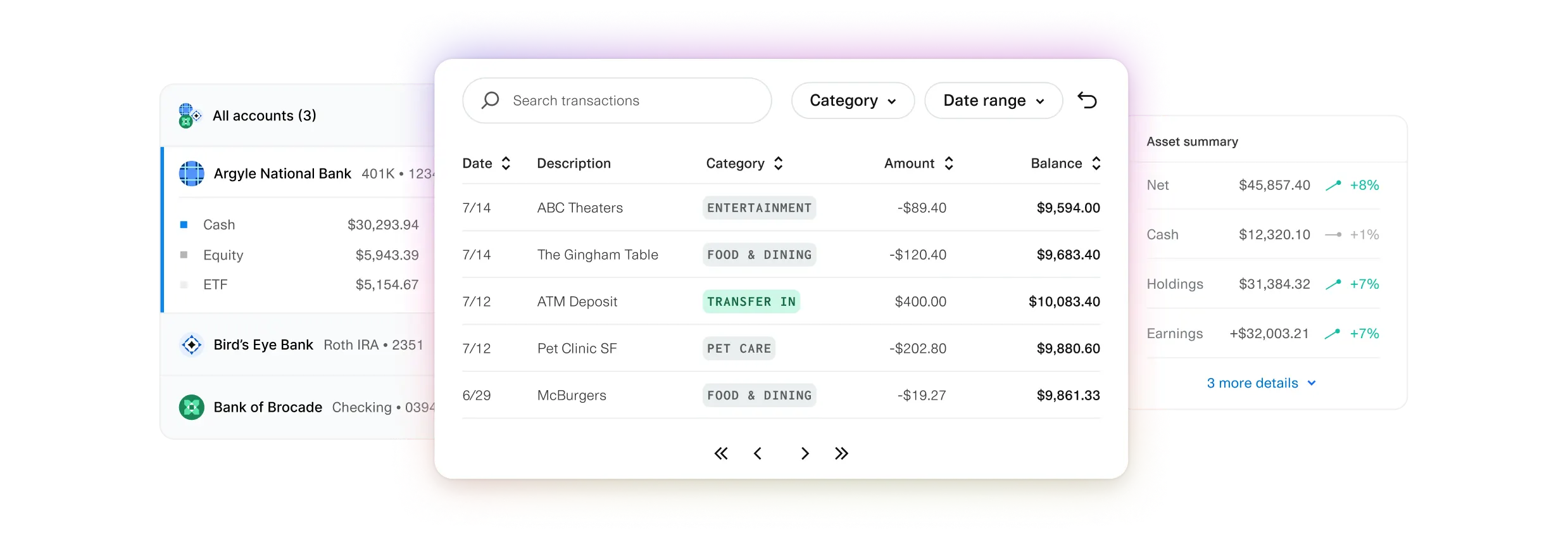 Personal financial management dashboard displaying multiple linked bank accounts, transaction history, and an asset summary. The interface includes accounts from Argyle National Bank, Bird’s Eye Bank, and Bank of Brocade, showing balances for cash, equity, and ETFs. A transaction list categorizes recent expenses and deposits, while the asset summary provides an overview of net worth, cash holdings, and earnings with percentage changes.