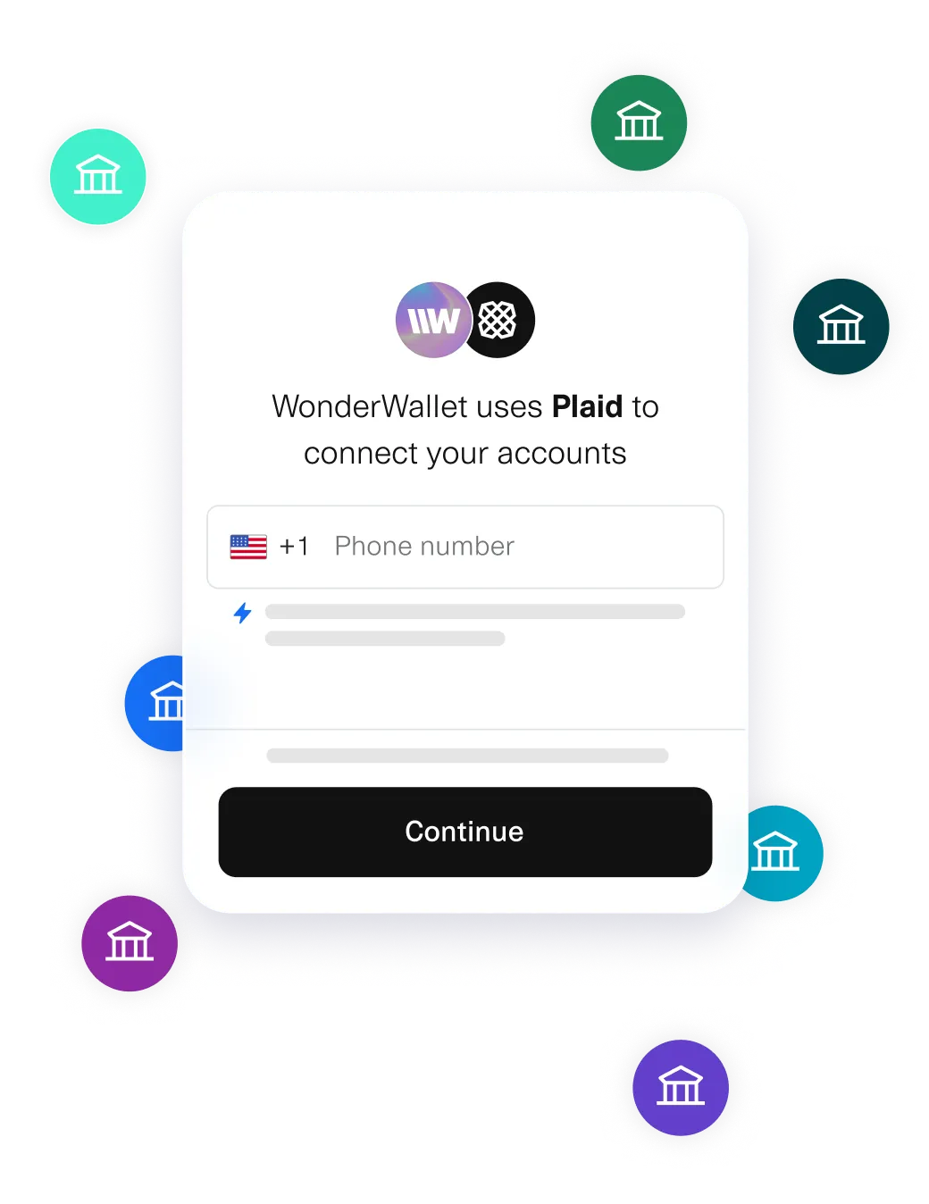 Login screen showing WonderWallet using Plaid to connect financial accounts, prompting the user to enter a phone number. The background features abstract line art and bank icons, representing secure account linking across institutions.