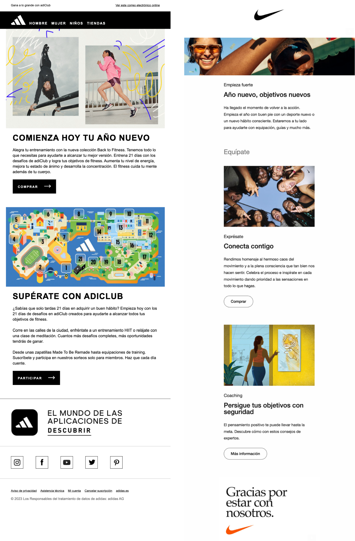 Emails de Adidas y Nike animando a su audiencia a seguir superándose.