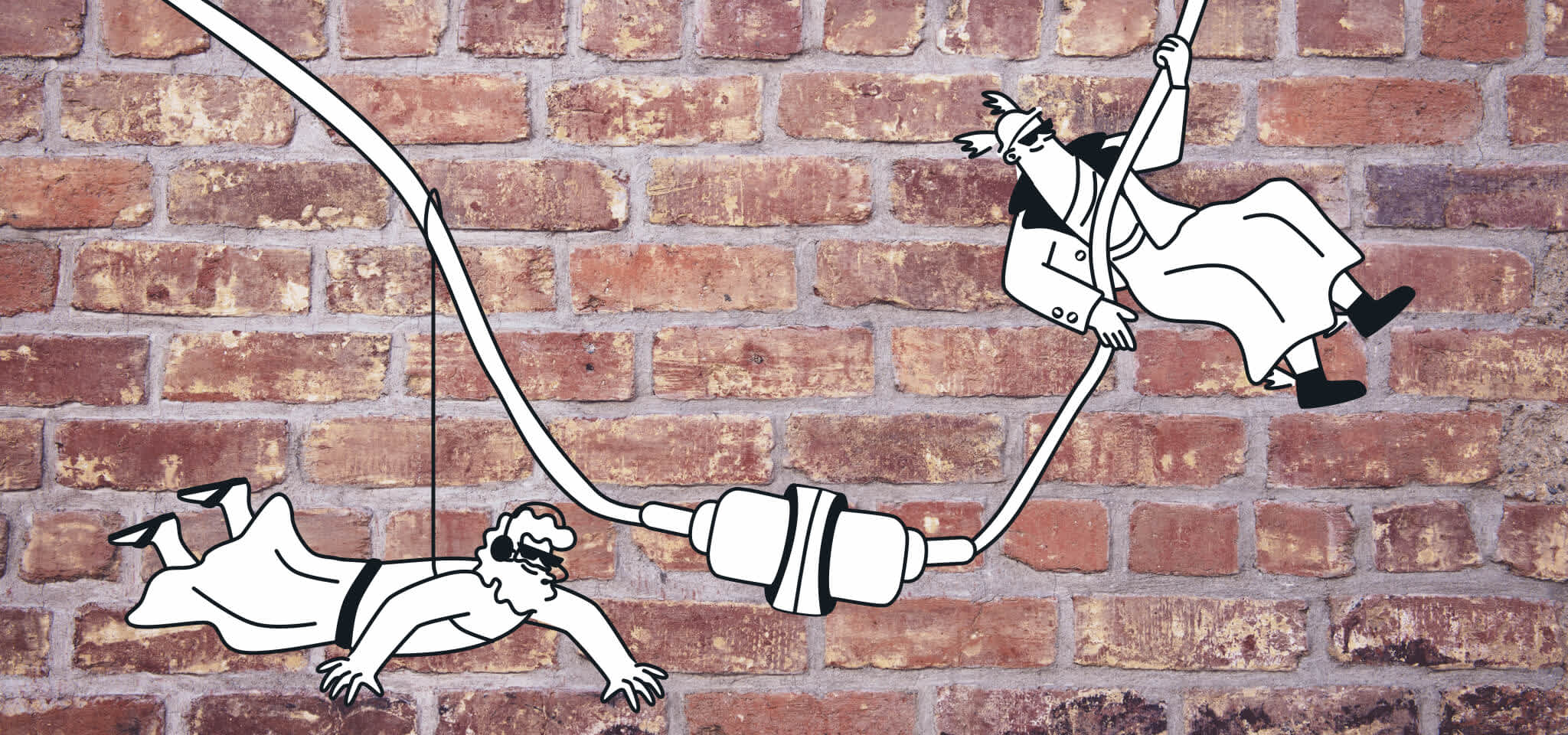 Hermès et un Dieu sont suspendus à un câble devant un mur de briques.