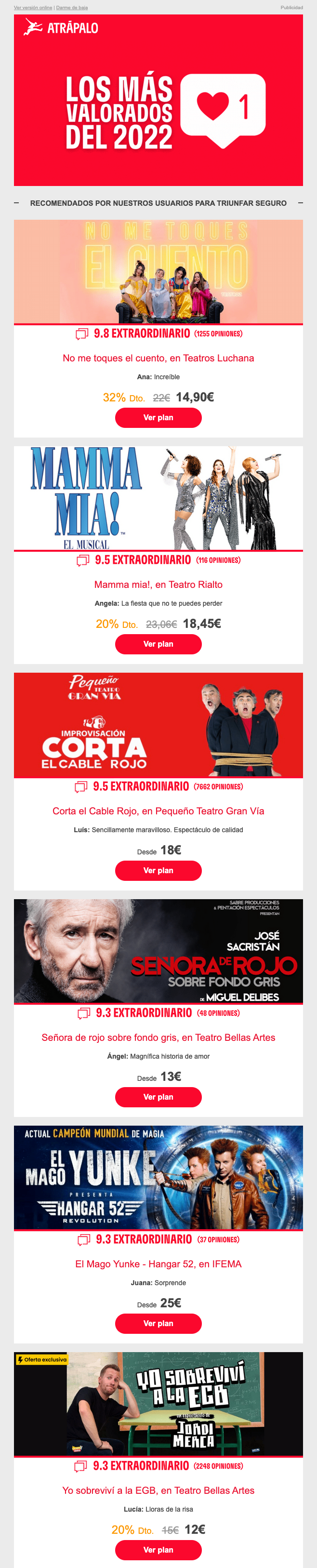 Email de Atrápalo con los espectáculos mejor valorados del año.