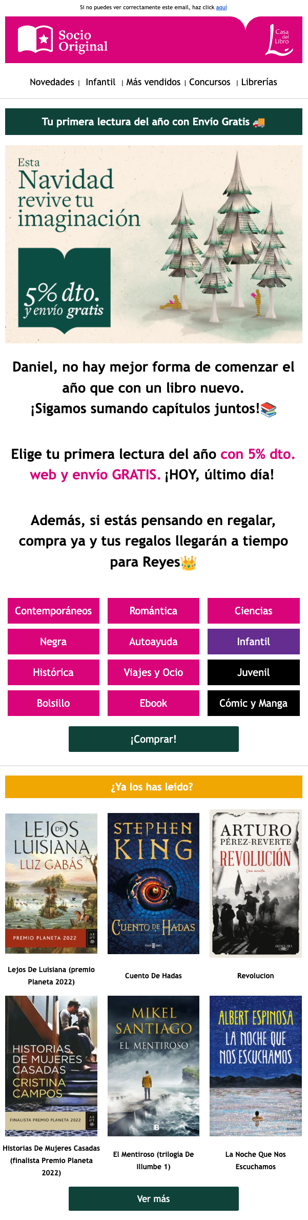 Email de la Casa del Libro donde recuerdan que hay envío gratuito.