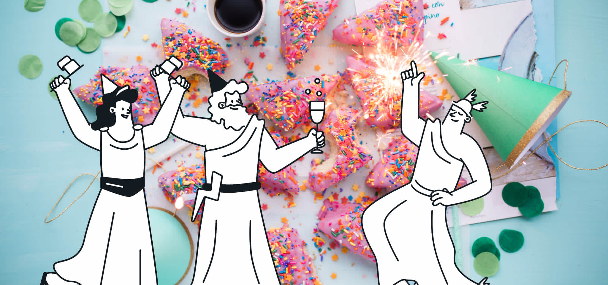 3 dioses celebrando con rosquillas rosas