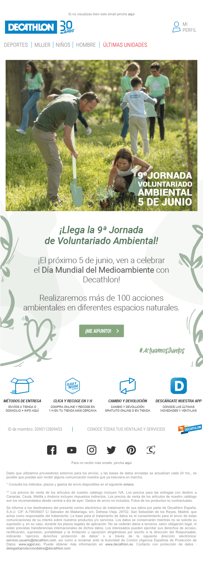Ejemplo de newsletter de Decathlon relacionada con el Día del Medio Ambiente.