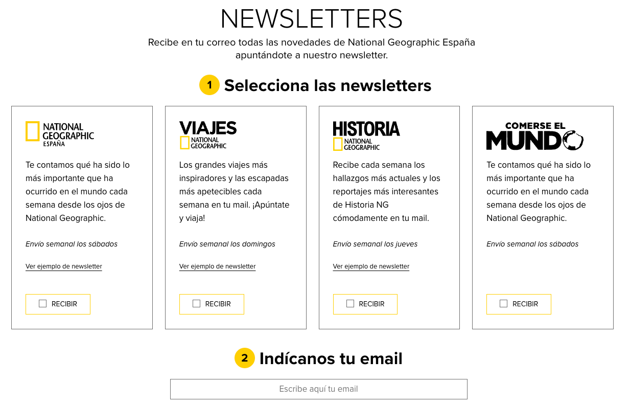 Formulario de inscripción de newsletter con varias opciones