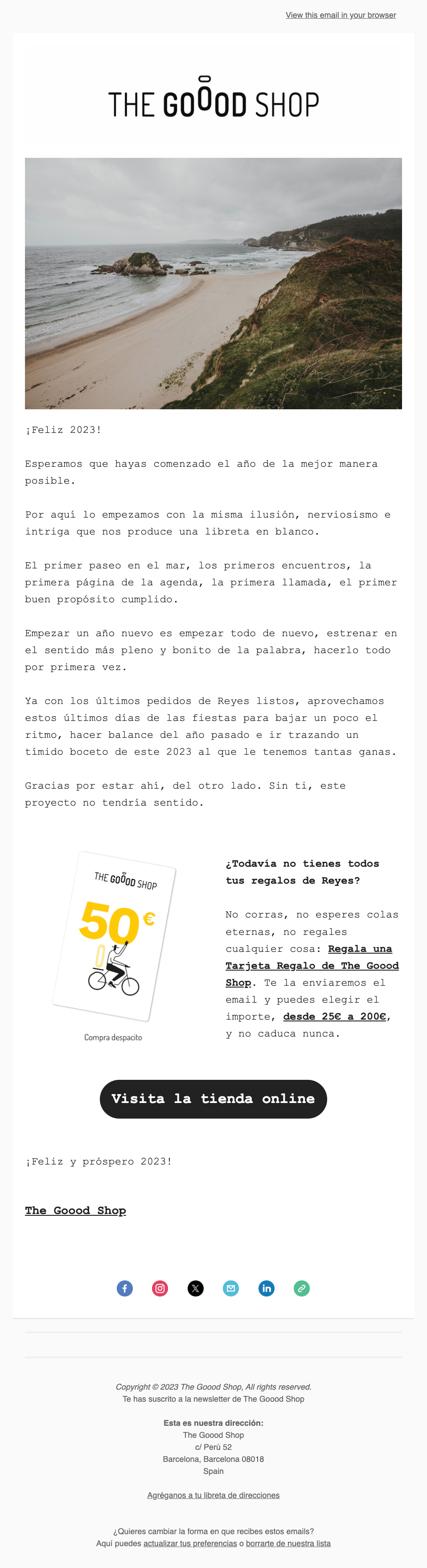 Email de TheGooodShop ofreciendo vales regalo para Reyes.