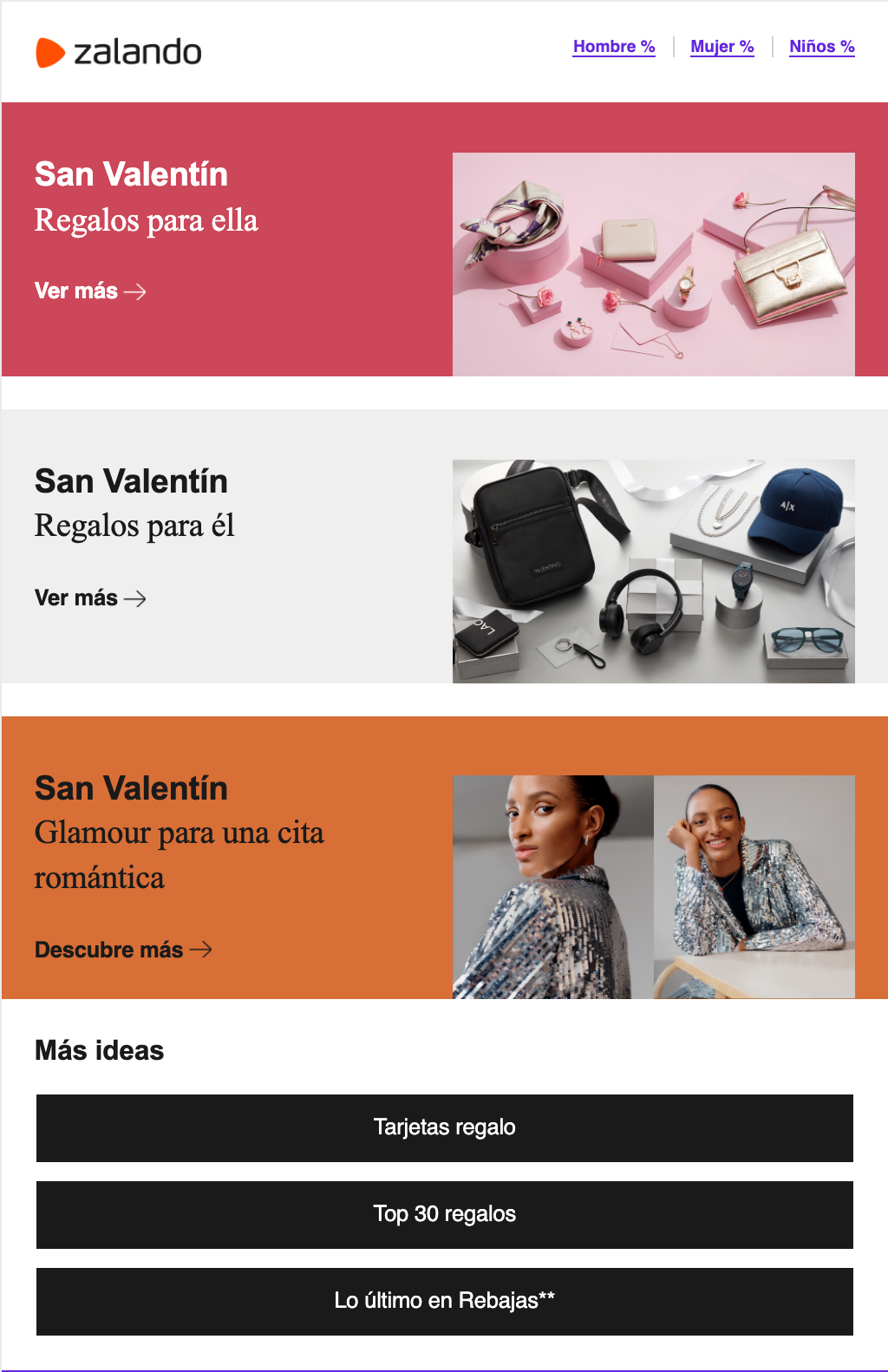 Newsletter con ideas de regalos para él y para ella de Zalando.