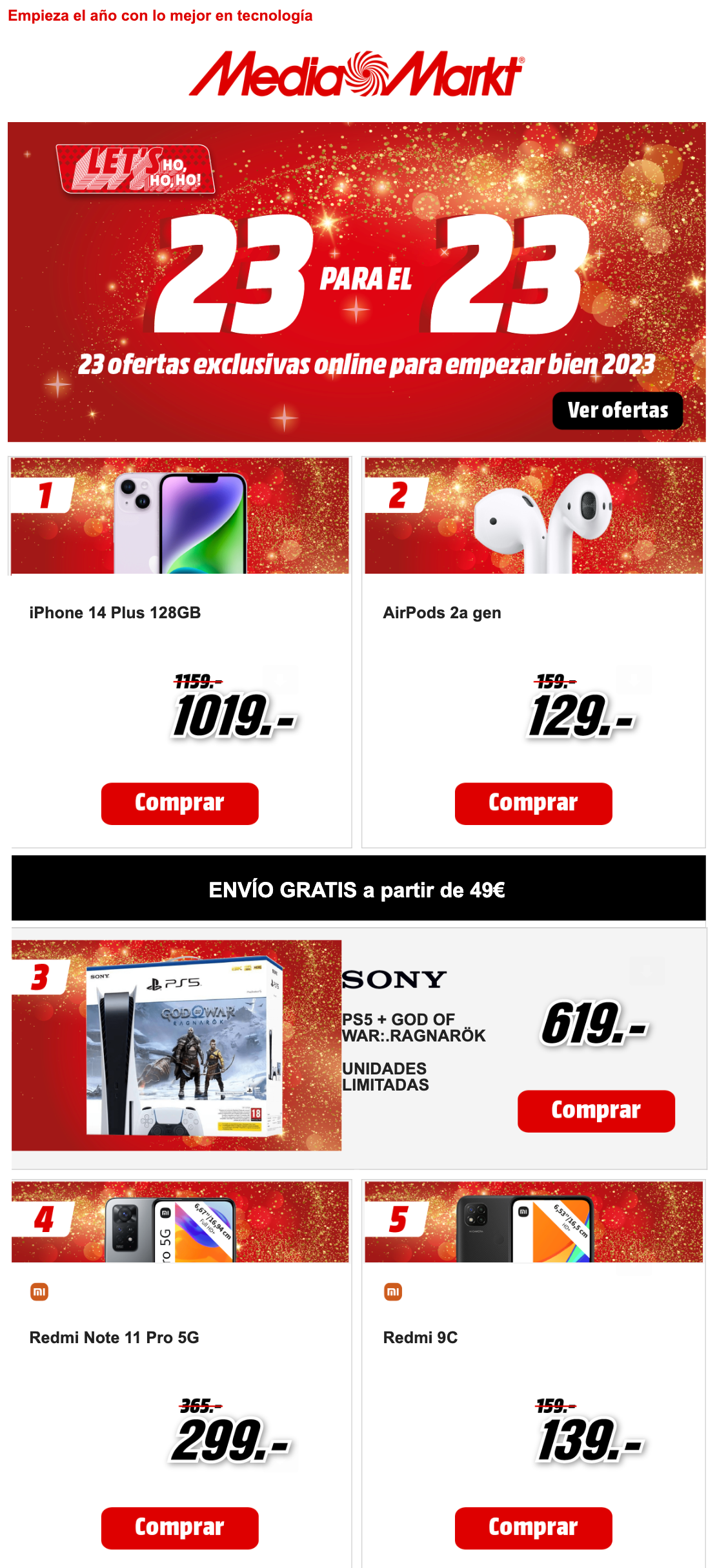 Email de MediaMarkt con 23 ofertas para el 2023.