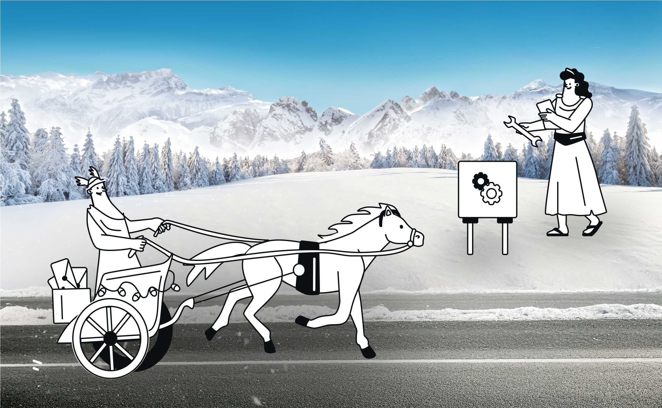 Ein griechischer Gott fährt mit einem Wagen durch den Schnee zu einer Göttin, die an der technischen Zustellbarkeit von E-Mails arbeitet.