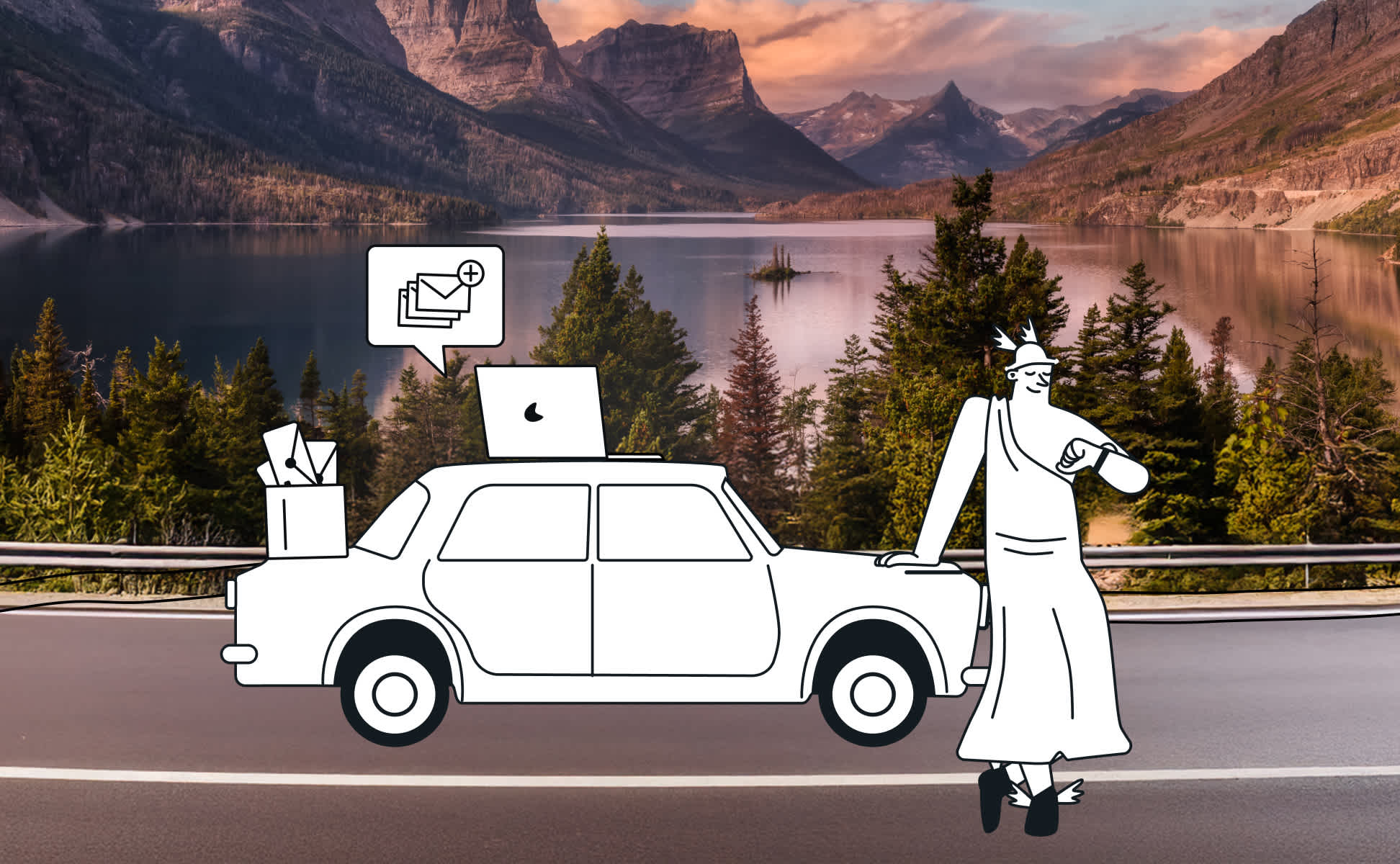 Hermès se tient à côté d’une voiture chargée d’emails, avec un paysage montagneux en arrière-plan.