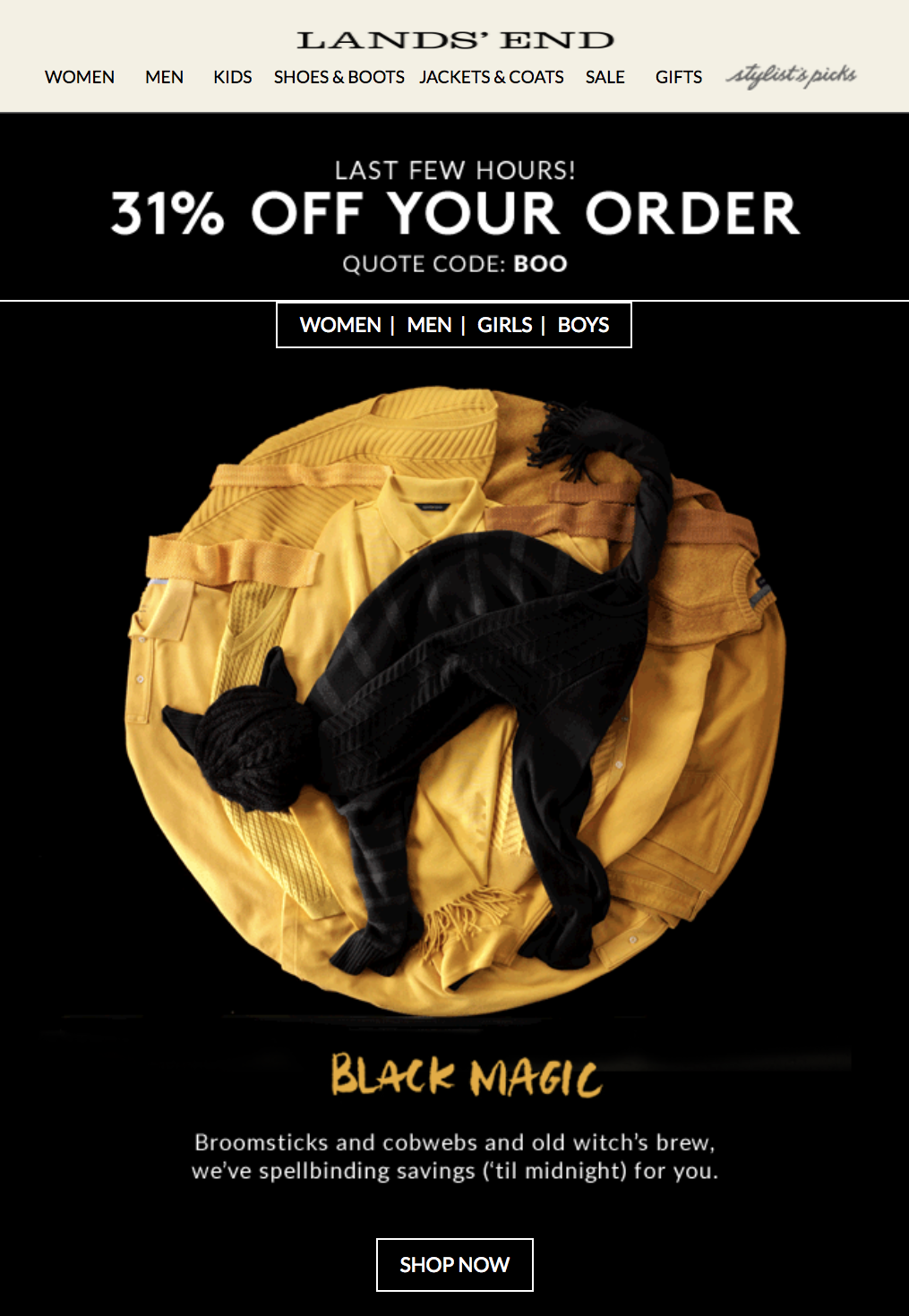 Capture d’un email marketing envoyé par Lands’ End pour Halloween